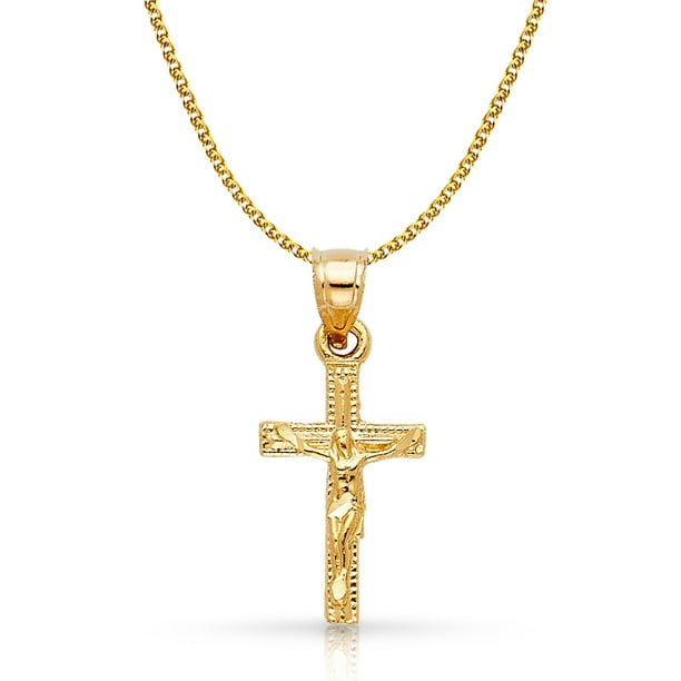 Details about  / 14K Yellow Gold Crucifix Charm Pendant with 1.5mm Flat Open Wheat Chain Necklace